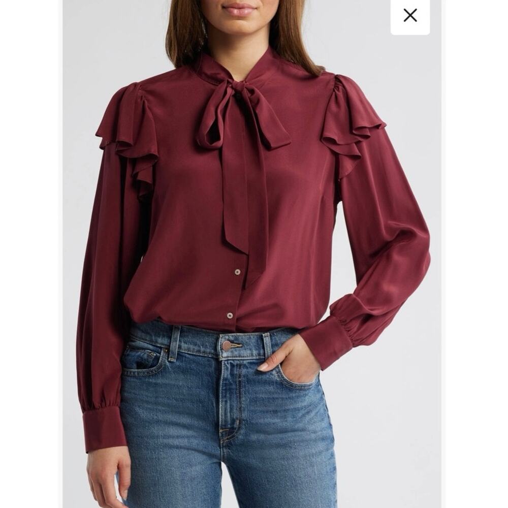 NWOT Vineyard Vines Tie Neck Silk Crêpe de Chine Button-Up Shirt in Crimson SZ S
